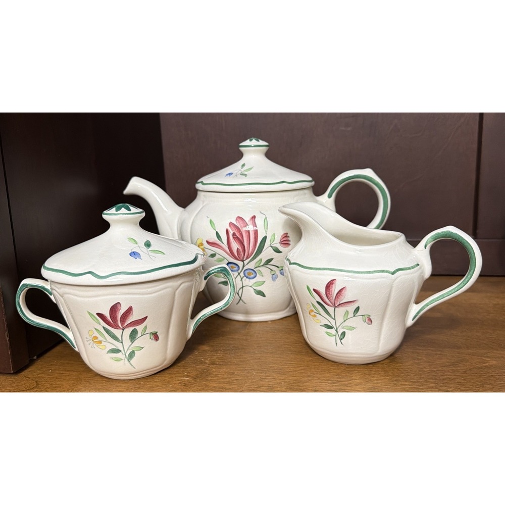 Longchamp Teapot Suger & Creamer French Faience Hand Painted Floral VTG